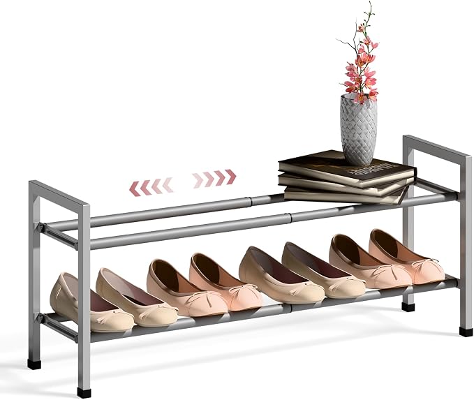 Bumusty 2 Tier Expandable Shoe Rack for Closet, 18“-33” Adjustable Shoe Rack for Small Space, Small Shoe Organizer for Front Door, Sturdy Metal, Light Grey by BUMUSTY