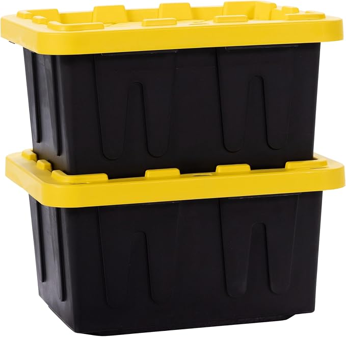 Plastic 5-Gallon Storage Tote with Lockable Lid, Stackable Tough Regular-Duty Bin for Garage, Tools, and Home Organization (2-Pack) - Black and Yellow - Image 6