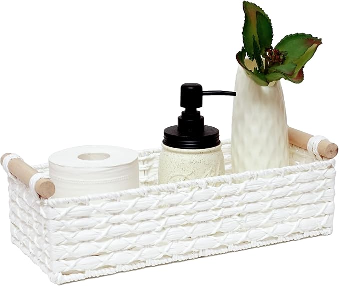 Small Storage Basket Wicker Baskets for Organizing with Handle Decorative Storage Bins for Countertop Toilet Paper Basket for Toilet Tank Top Small Baskets Set,White by STOBSK