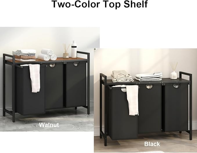 Laundry Hamper, Two -Color 3 Section Laundry Basket with 3 Removable Laundry Sorter Bags and Top Shelf, Clothes Hamper for Laundry Room, Bathroom - Image 2