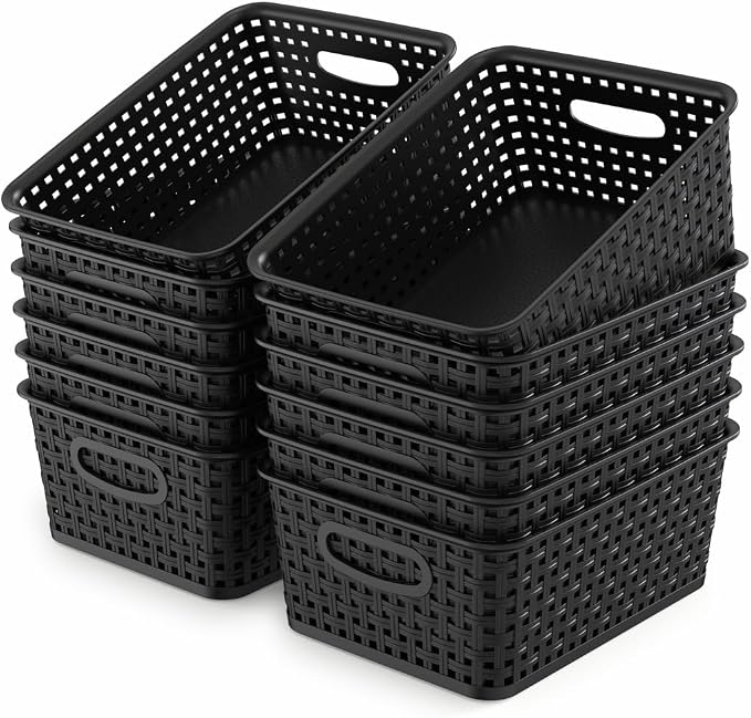 WYT 12-Pack Plastic Small Shelf Storage Weave Baskets for Organizing, Black by WYT