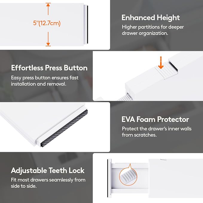 Lifewit 10 Pack 5" High Drawer Dividers 34-56cm/13.5-22" Adjustable Drawer Organizer for Clothes/Utensils, Expandable Drawer Separator in Dresser/Kitchen/Bedroom/Office Organization & Storage White - Image 6