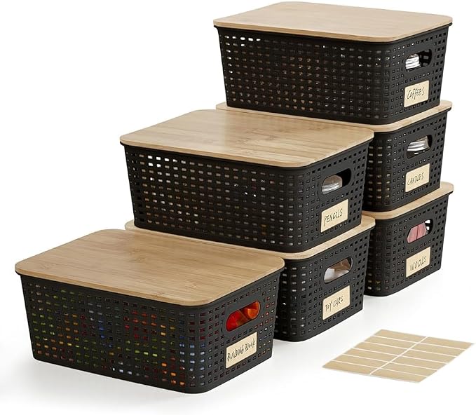 Bagnizer Small Plastic Storage Bins with Bamboo Lids 5.2qt Stackable Box Basket Pantry Decorative Containers Cute with Labels for Organizing Desktop Closet Office Black of 6 packs 10 * 7.2 * 4.1" by Bagnizer