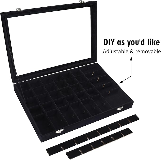 Siveit Velvet Jewelry Tray 48 Grid Jewelry Display Tray Organizer Box with Transparent Lid Rings Earrings Necklaces Pendants Display Box Suitable for Women and Girls (Black) - Image 6