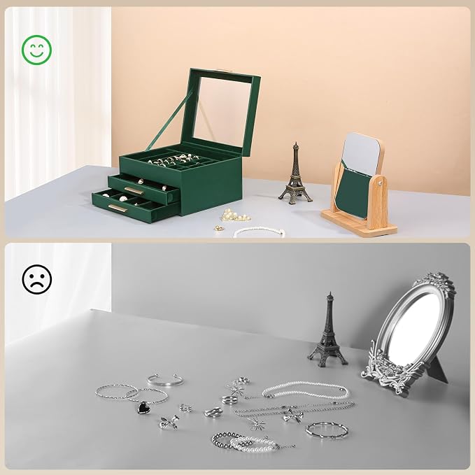 Somduy Jewelry Box Organizer for Women,3 Layers PU Leather Jewelry Storage Display Box with Glass Lid,Gift for people,3 Drawers,Large Capacity for Necklace Earrings Bracelets Rings, Dark Green - Image 7