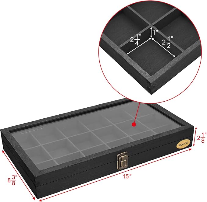 MOOCA Wooden Jewelry Display Case with Tempered Glass Lid & 18 Compartments Tray, Rock Collection Box, Crystal Display Case, Black Color - Image 3