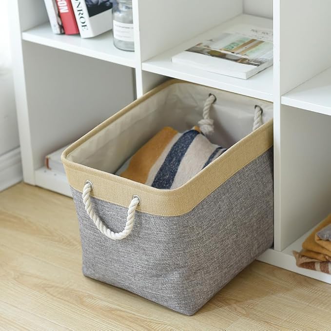 TheWarmHome Storage Basket for Organizing - Fabric Large Cubes 3 Pack 16x12x12 inch Baskets, Cube Storage Bin for Shelves Organizer Closet Cloth Gift Toy (Gold & Grey) - Image 4