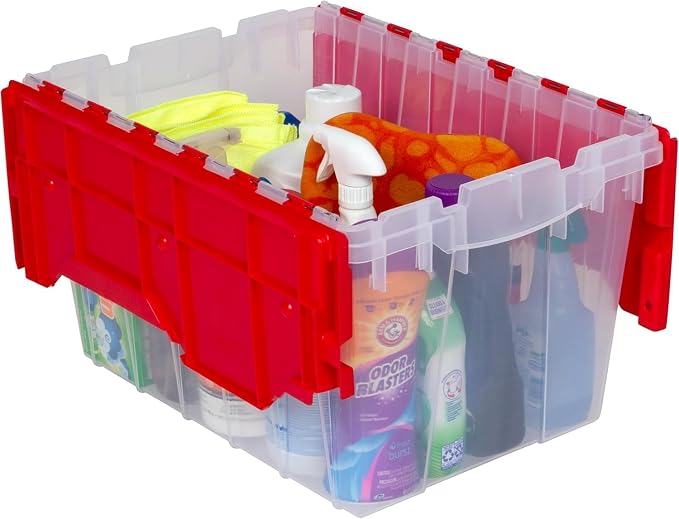 Akro-Mils KeepBox 12 Gallon Storage Container, Nesting and Stackable Plastic Storage Box with Lid Attached, Clear Tote for Garages, Closets, and Moving, 21-1/2" x 15" x 12-1/2", Clear/Red - Image 8