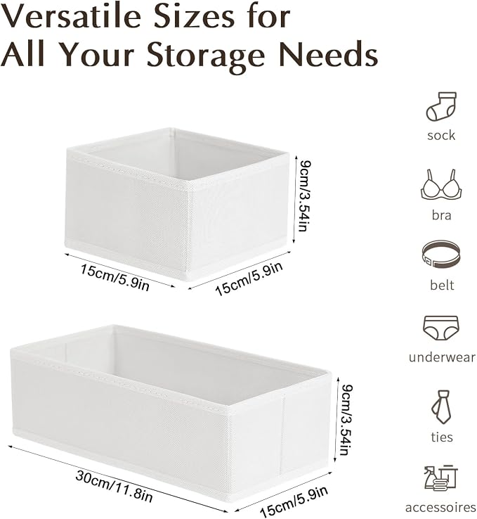 DIMJ Drawer Organizers Clothes, Set of 12 Dresser Organizer Bins, Fabric Closet Organizers and Storage, Shallow Drawer Dividers for Nursery, Clothing, Baby Clothes, Socks, Underwears, Tie (White) - Image 2