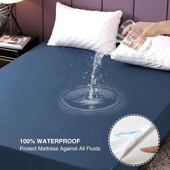 NTBED Waterproof Mattress Protector Cover Queen Size 14 inches Deep Pocket Polyester Bed Pad Cover Solid Color Fitted Sheet (60‘’x80‘’ (Dark Blue, Queen)