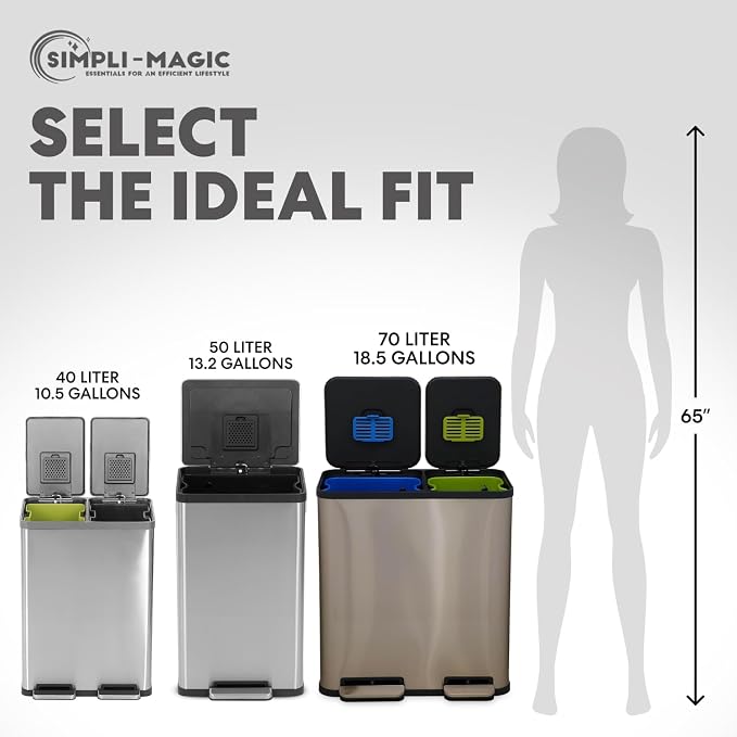 Simpli-Magic 70 Liter / 18.5 Gallon Rectangular Hands-Free Dual Compartment Recycling Kitchen Step Trash Can with Soft-Close Single Lid, Stainless Steel (40L x 30L Capacity) Rose Gold Finish - Image 4