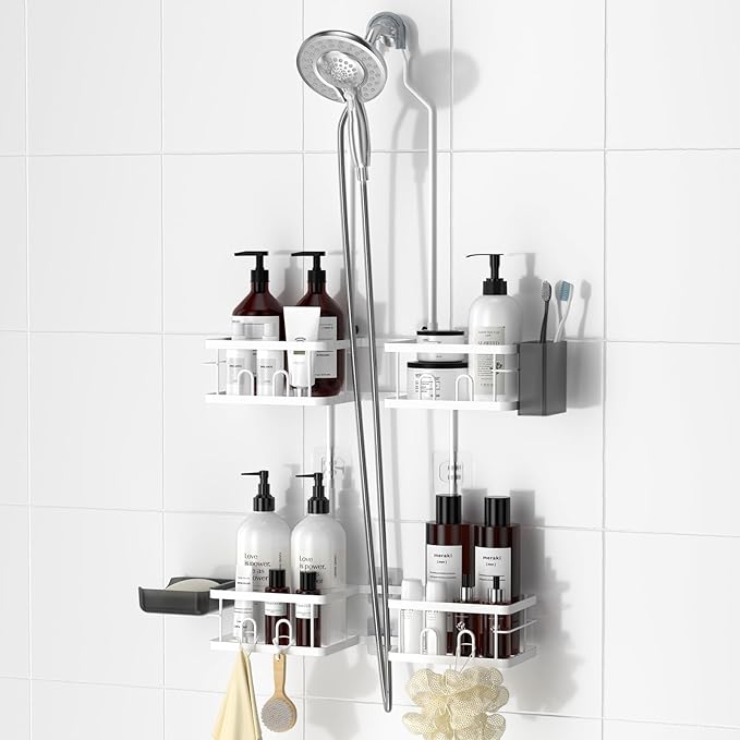 REINHARDT Adjustable Shower Caddy Hanging Rustproof Shower Caddy for Handheld Showerheads, Shower Organizer with Hooks Soap Holder Toothbrush Holder, Anti-Swing Shower Rack Bathroom Accessories, White by REINHARDT