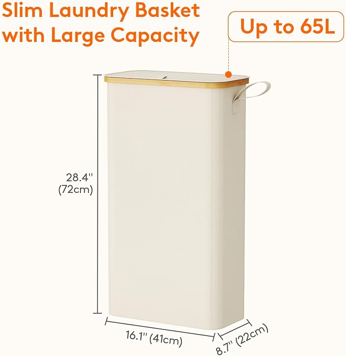 Lifewit 65L Slim Laundry Hamper with Lid, Narrow Laundry Basket with Removable Bag & Bamboo Handles, Fodable Thin Dirty Clothes Hamper for Laundry Collapsible Bin for Bathroom Bedroom Dorm, White - Image 3