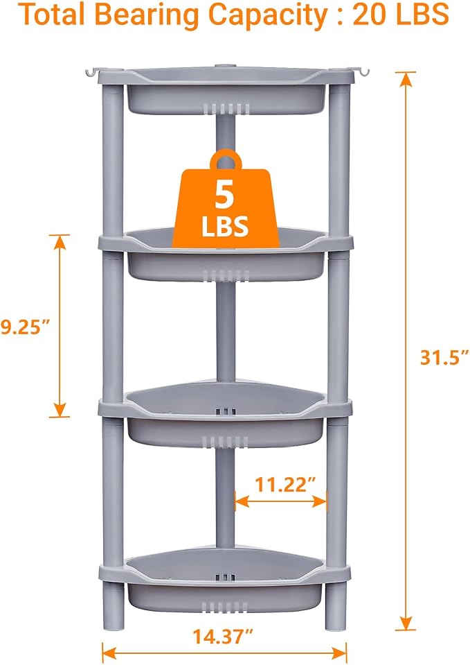 ELYKEN 4 Tier Shower Caddy Organizer Shelf Corner, 14.4 x 11.2 x 31.5 Inches, Rustproof, Plastic Shower Rack Stands for Inside Bathroom, Bathtub, Shower Pan, Grey - Image 2