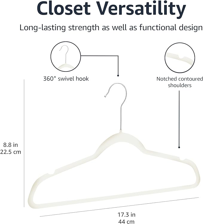 Amazon Basics Slim Velvet Non-Slip Space Saving Suit Clothes Hangers with Shoulder Notches for Closet Organization, Ivory/Silver, 50-Pack - Image 5