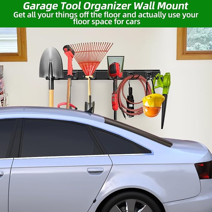 PIYILO Garage Organization, Garage Wall Organizer with 48 inches Rails and 6 Hooks, Tool Organizers Heavy Duty, Shovel Holder Wall Mount Max Load 360 LBS, Sturdy Garden Tool Rack for Folding Chairs - Image 7