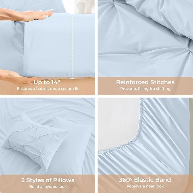 Sasttie King Size Comforter Set, 7-Piece Bed in a Bag, Pintuck Bedding Sets for All Season, Includes Comforter, Flat Sheet, Fitted Sheet, Pillowcases and Pillowshams, Light Blue