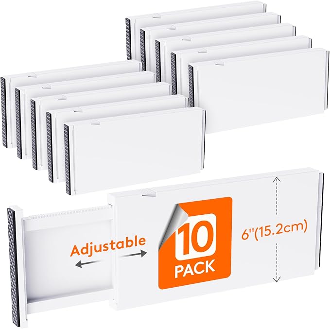 Lifewit 10 Pack 6" High Drawer Dividers 34-56cm/13.5-22" Adjustable Drawer Organizer for Clothes/Utensils, Expandable Drawer Separator in Dresser/Kitchen/Bedroom/Office Organization & Storage White by Lifewit