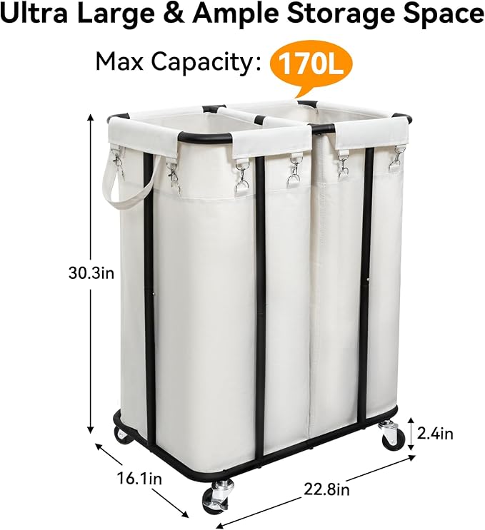 WOWLIVE Double Laundry Hamper with Wheels 170L Rolling Laundry Basket Organizer Laundry Cart with Steel Frame and Removable Bags Large Dirty Clothes Hamper Dorm Room Storage for Bedroom (Beige) - Image 4