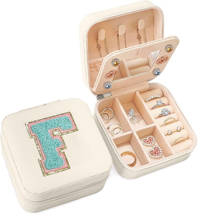SANDJEST Personalized Jewelry Box, White Travel Jewelry Box with Initial F, Small Monogrammed Jewelry Case Organizer for Girls Women Teen Kids, Mini Travel Essentials Gifts for Birthday Christmas by SANDJEST
