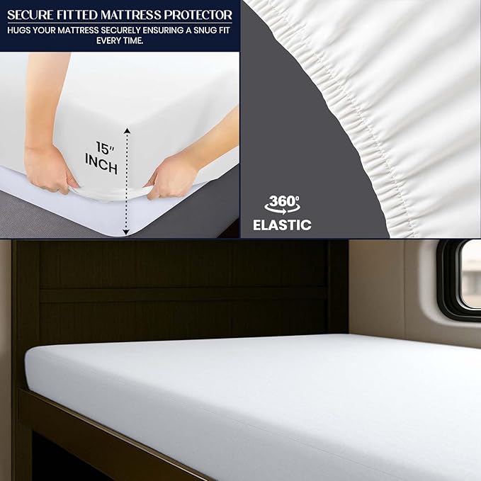 SGI bedding Waterproof RV Bunk Cot Bed Mattress Protector 30"x80" for Narrow Twin Camping Bed Mattress Pad Cover, Truck Sleeper & RV Beds - Soft, Noiseless, Breathable, 15" Deep Pocket - White