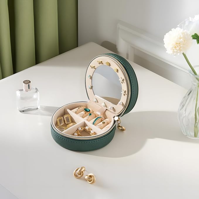 ProCase Travel Size Jewelry Box, Mini Portable Seashell-Shaped Jewelry Case with Mirror, 2 Layer Organizer in PU Leather for Women -Emerald - Image 7