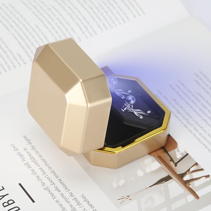 Luxury LED Jewelry Earring Pendant Stud Box, Velvet Earring Necklace Gift Box Storage Case Organizer Holder for Proposal Engagement Wedding Anniversary Birthday Ceremony (Gold) - Image 6
