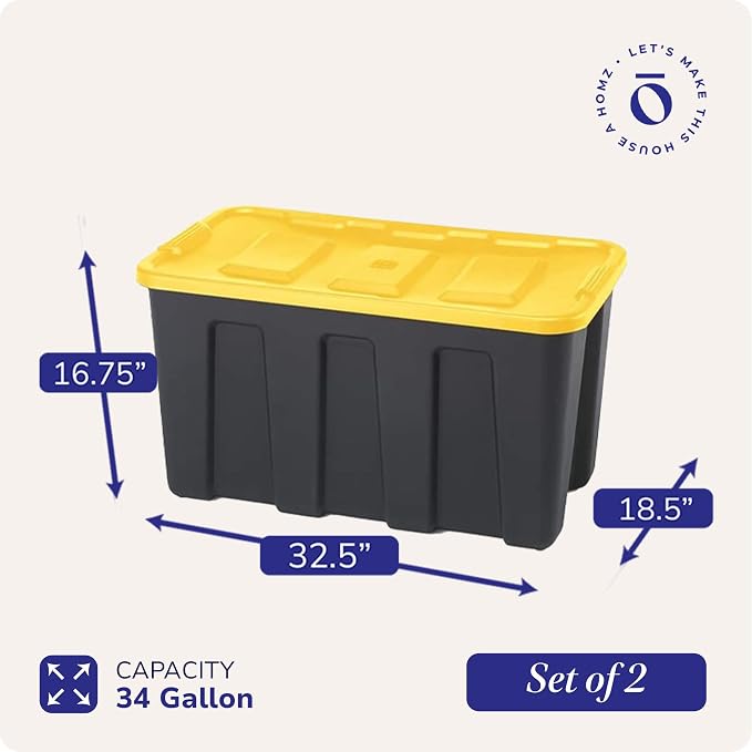 HOMZ 2-Pack Durabilt Tote, Heavy Duty Plastic Storage Bins with Lids, 34 Gallon, Black/Yellow - Stackable Organizing Containers for Home, Garage, and Office - Image 4
