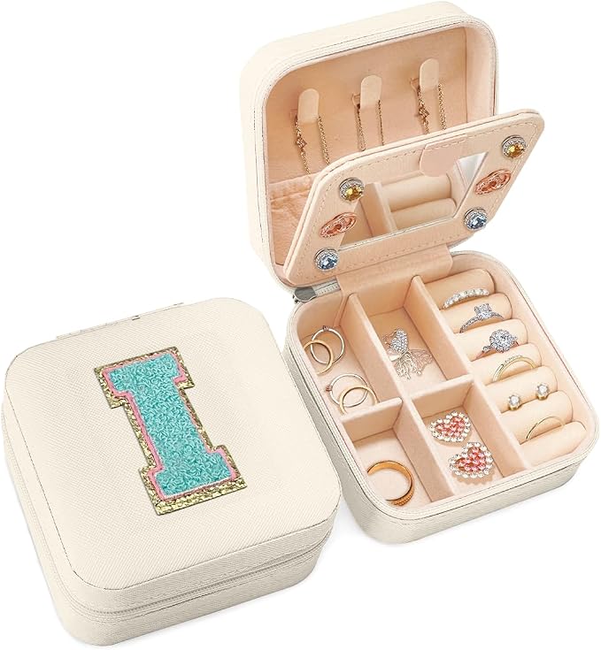 SANDJEST Personalized Jewelry Box, White Travel Jewelry Box with Initial I, Small Monogrammed Jewelry Case Organizer for Girls Women Teen Kids, Mini Travel Essentials Gifts for Birthday Christmas by SANDJEST
