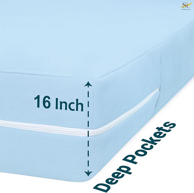 Mattress Protector Twin Size 100% Waterproof Zippered Cover, 15 Inches Deep, Six-Sided Mattress Encasement for Bed, Zipper Closure Style (Light Blue)