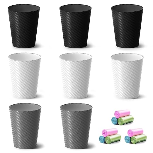 Bathroom Trash Can, 8 Pack 1.8 Gallons Small Trash Can with Trash Bags, Bathroom Garbage Can, Plastic Trash Bin, Round Waste Basket for Bedroom, Office, Kitchen, Room, Compact Space (White Black Grey) by Lysam