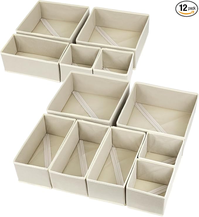 Fordonral 12 Pack Drawer Organizer Clothes, Foldable Fabric Dresser Organizer Closet Organizers and Storage Box for Underwear,Folded Clothes,Baby Clothing,Socks,Bra,Towels,Ties(12 Pack,Beige) by Fordonral