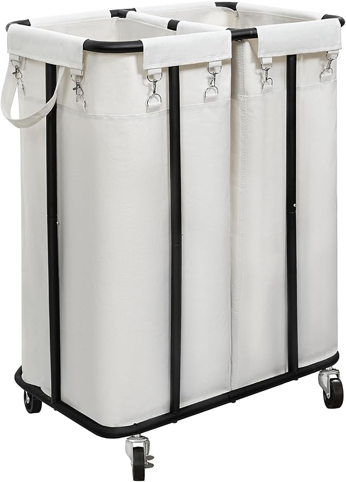 WOWLIVE Double Laundry Hamper with Wheels 170L Rolling Laundry Basket Organizer Laundry Cart with Steel Frame and Removable Bags Large Dirty Clothes Hamper Dorm Room Storage for Bedroom (Beige) by WOWLIVE