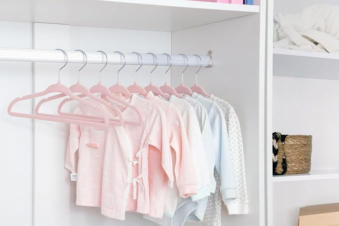 ManGotree Velvet Baby Clothes Hangers, Baby Toddler Kids Hangers with Swivel Hook, Notched Shoulder Design for Kids and Children Clothes (30 Pack, Light Pink) - Image 7