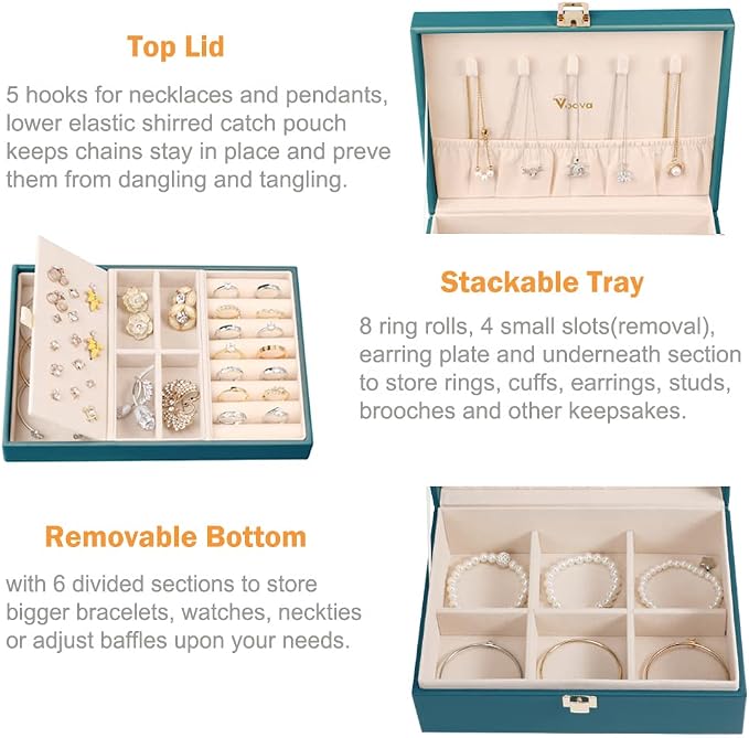 Voova Jewelry Box Organizer for Women Girls, 2 Layer Large Men Jewelry Storage Case, PU Leather Display Jewellery Holder with Removable Tray for Necklace Earrings Rings Bracelets, Indigo - Image 2