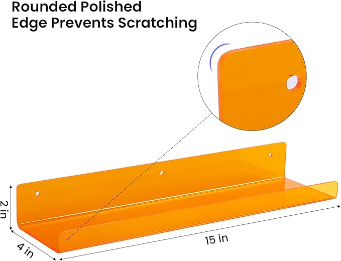 upsimples Acrylic Shelves for Wall Decor, 15" Display Shelf Perfume Organizer for Bathroom, Bedroom, Living Room, Floating Bookshelves for Kids, Clear Orange, 4 Pack - Image 3