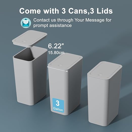 N. NETDOT 3 Pack Small Trash Can with lid, 3 Gallon Bathroom Trash Can,Garbage Can Slim Trash Bin Waste Basket for Bathroom,Kitchen,Bedroom,Living Room,Office,Laundry - Grey - Image 6