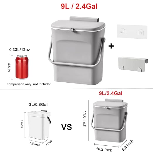 LALASTAR Kitchen Compost Bin for Countertop or Under Sink, Hanging Small Trash Can with Lid for RV/Office/Bedroom/Dorm, Mountable Indoor Compost Bucket, 9L/2.4 Gal, Grey - Image 6