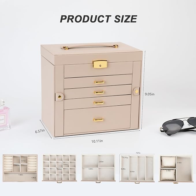 Jewelry Box for Women, 5-Layer Jewelry Organizers Box, Large Jewelry Storage Box for Girls, Jewelry Holder Organizers Gift for Valentine's Day, Christmas (Apricot) - Image 7