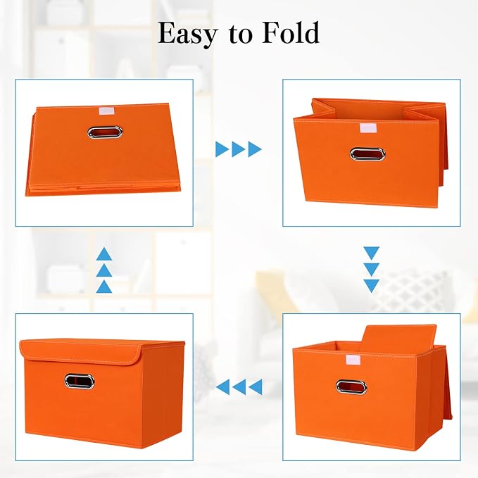 STOREONE Fabric Storage Cube Bins Foldable Organizer Container Collapsible Basket with Lids and Metal Handles, for Home, Bedroom, Closet 3 Pcs (Orange) - Image 6