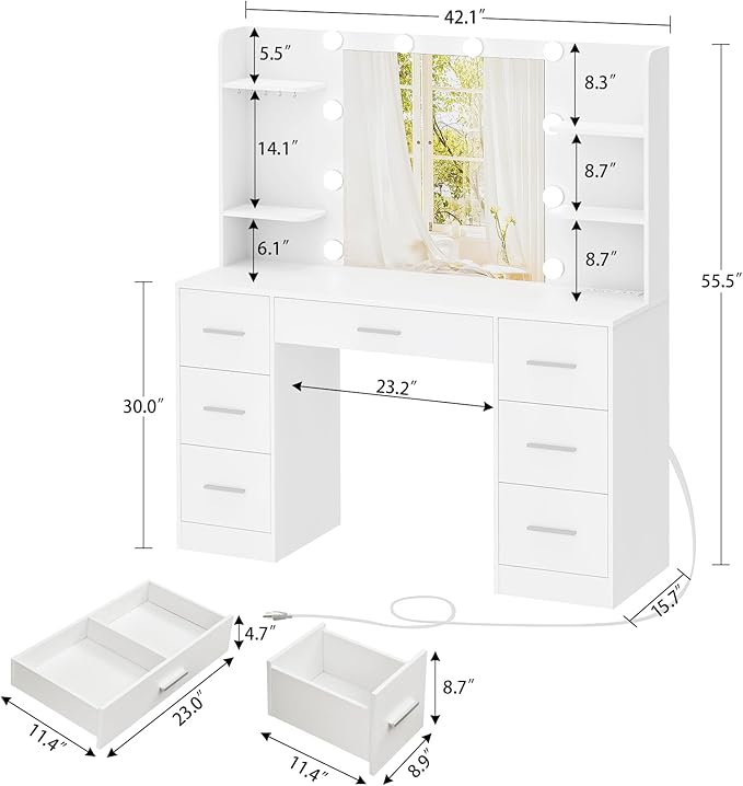 FIONESO Vanity Desk with LED Light Mirror & Power Outlet, 3 Adjustable Light Color, Makeup Vanity with 7 Drawers, 4 Shelves, 5 Jewel Hooks, White Vanity for Bedroom, Girls Vanity