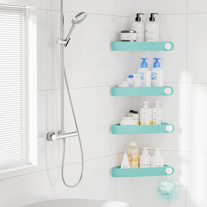 Sotfamily Plastic Shower Caddy Corner (For 90° Only), 4 Pack Adhesive Corner Shower Shelves for Bathroom Organizers and Storage, Turquoise - Image 3