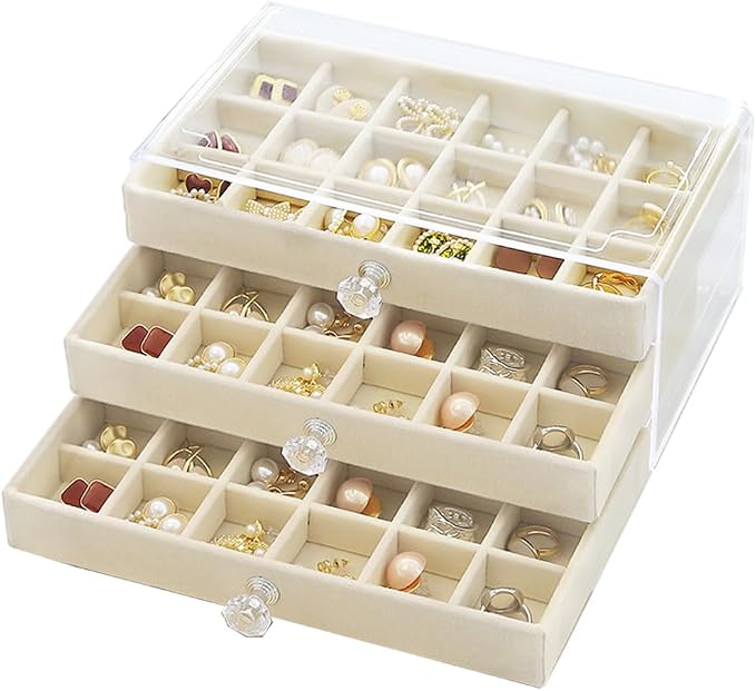 SPAKOWN Earring Box Holder Organizer Display Case, Clear Velvet Jewelry Storage Tray Organizer for Earring Ring Stud (Beige - 3 Drawers) by SPAKOWN