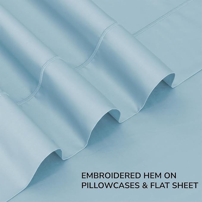 Feather & Stitch 500 TC California King Size 4pc Damask Bed Sheet Set, 100% Soft Cotton Breathable Bedsheets, 18" Deep Pockets Sateen Weave Solid Bedding Mattress - (Feather Blue)