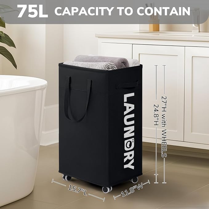 CHICVITA Laundry Hamper with Wheels & Removable Wash Bags -2 Pack, 75L Tall Laundry Basket for Dorms, Large Collapsible Hamper for Corner Spaces - Black - Image 3