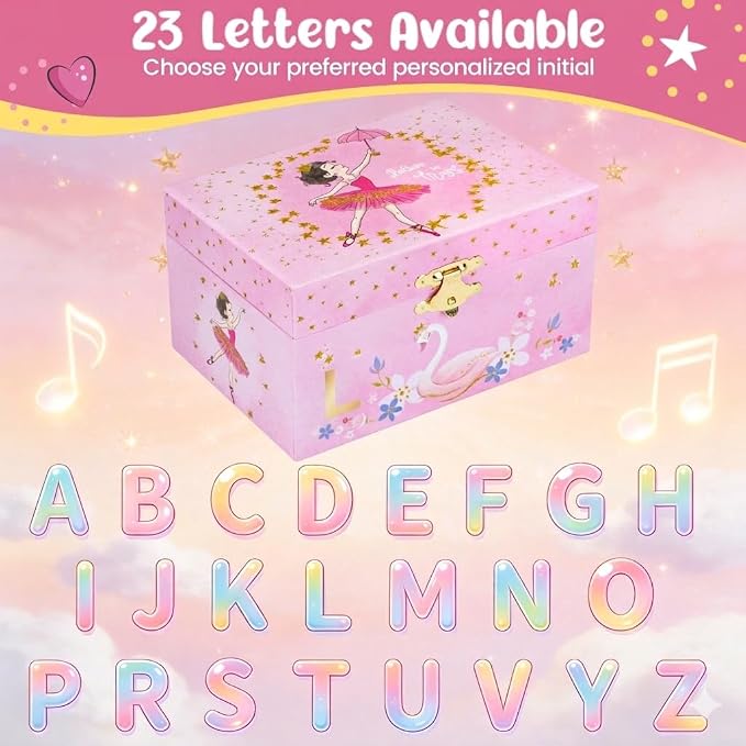 Personalized Initial L Musical Jewelry Box for Girls - Ballerina Music Box with Spinning Dancer, Includes Unicorn Necklace & Bracelet Set, Custom L Letter Keepsake for Kids Ages 3-10 - Image 5