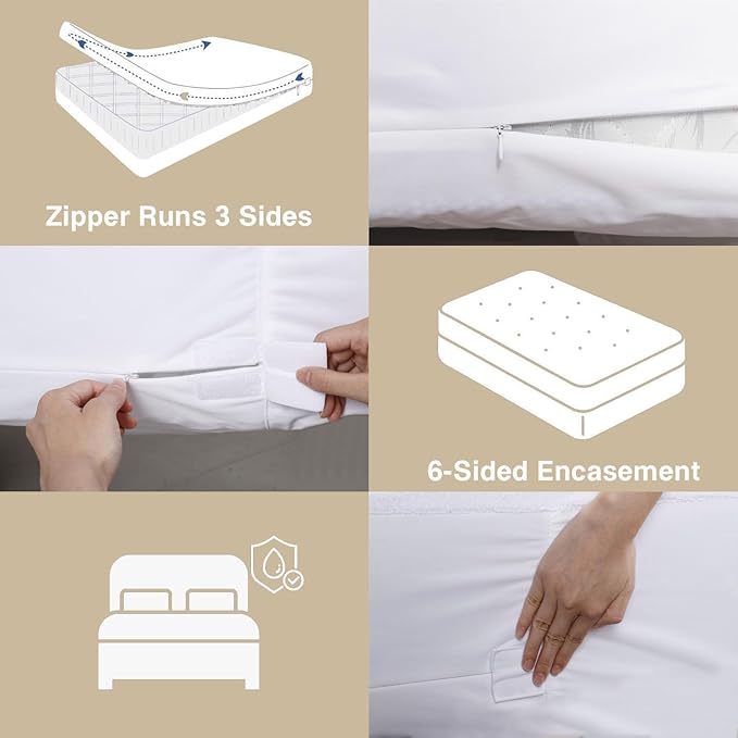 Zippered Split King Mattress Protector, 39" x 80" (2PCs) Soft Terry Surface Mattress Encasement, Absorbent 6-Side Waterproof Mattress Cover, 9 Inches Deep, Hypoallergenic & Noiseless
