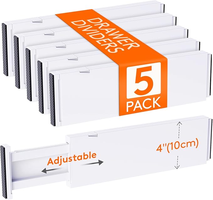 Lifewit 5 Pack 4" High Drawer Dividers 34-56cm/13.5-22" Adjustable Drawer Organizer for Clothes/Utensils, Expandable Drawer Separator in Dresser/Kitchen/Bedroom/Office Organization & Storage White by Lifewit