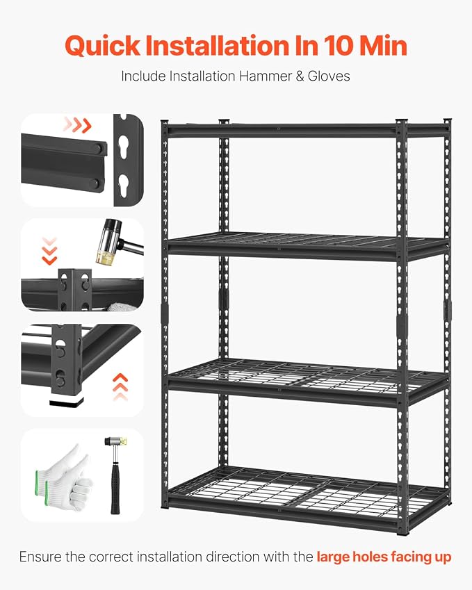 VEVOR Storage Shelves, 2400 lbs, 4 Tier Heavy Duty Garage Shelving, 20" D x 40" W x 60" H Adjustable Metal Shelves for Industrial Shelving Unit Utility Shelf, for Kitchen, Warehouse, Basement, Black - Image 7