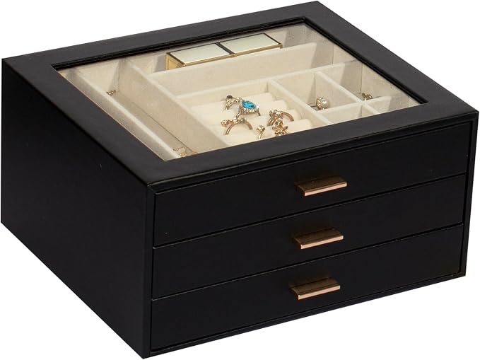 Jewelry Box with Glass Lid, 3-Layer Jewelry Organizer for Women Girls, PU Leather Display Case with 20-Grid Earring Tray & Movable Dividers for Necklaces Rings,Black by Unknown